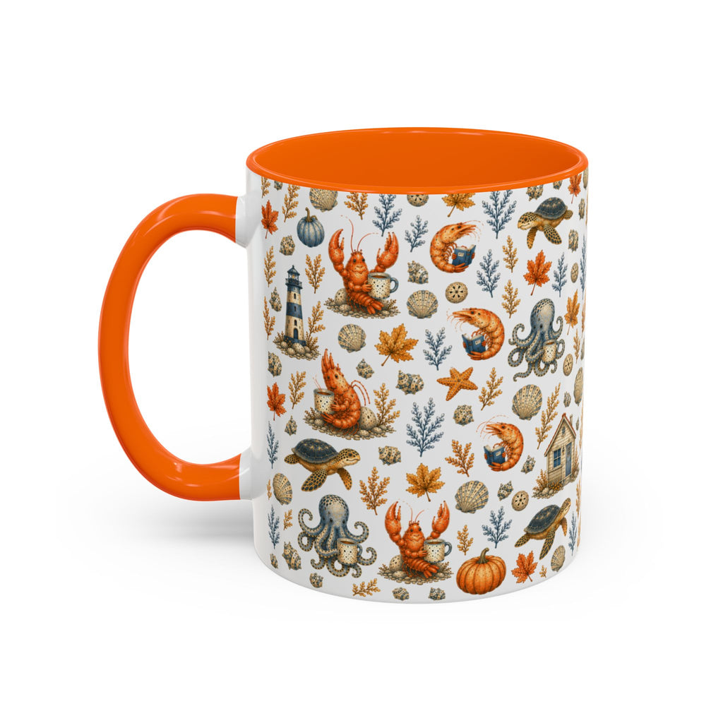 Autumn Coastal Pattern Coffee Mug, Fall Sea Creatures & Leaves (11/15oz)