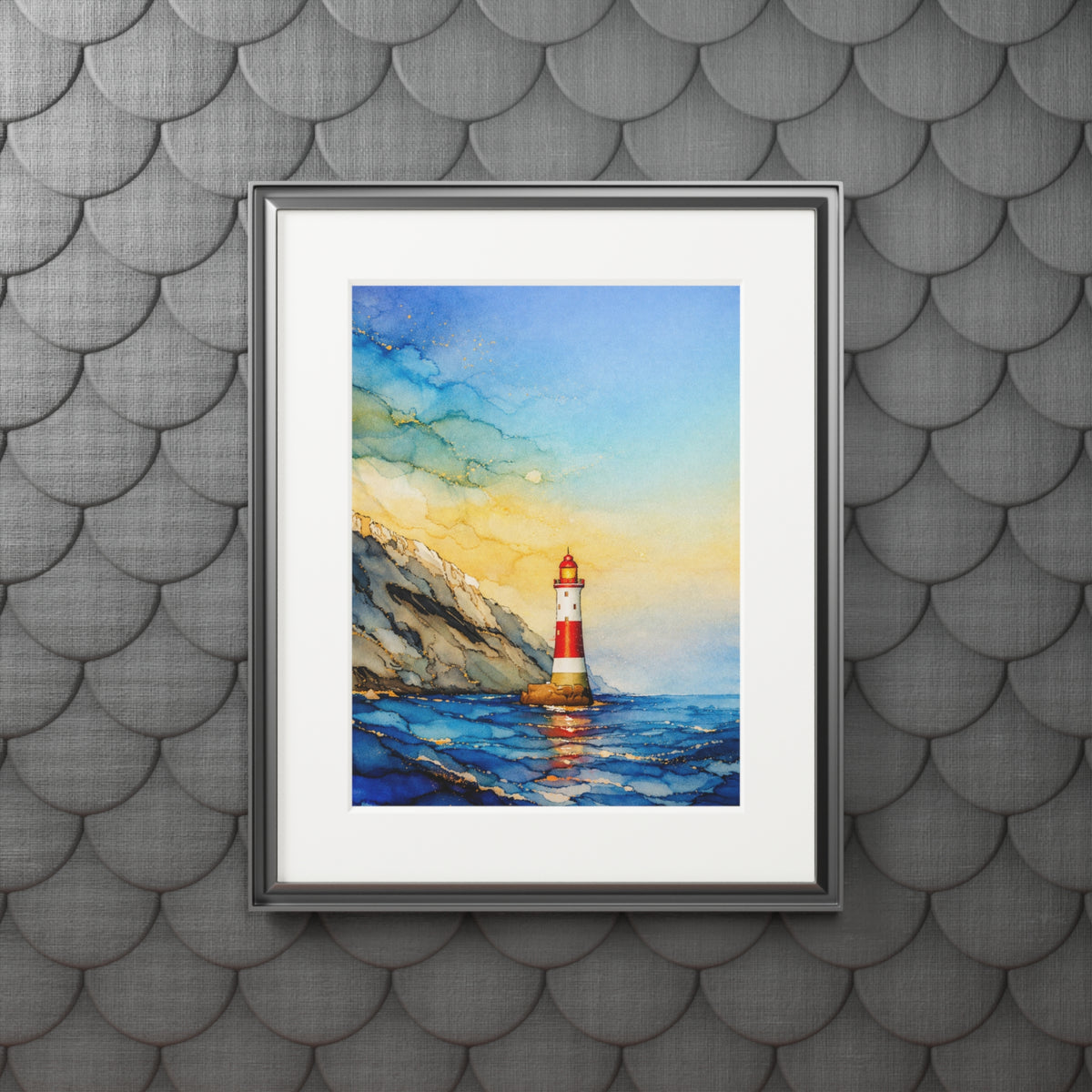 Lighthouse Seascape Alcohol Ink-Style Art Print with Passepartout Frame