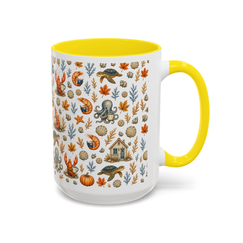Autumn Coastal Pattern Coffee Mug, Fall Sea Creatures & Leaves (11/15oz)