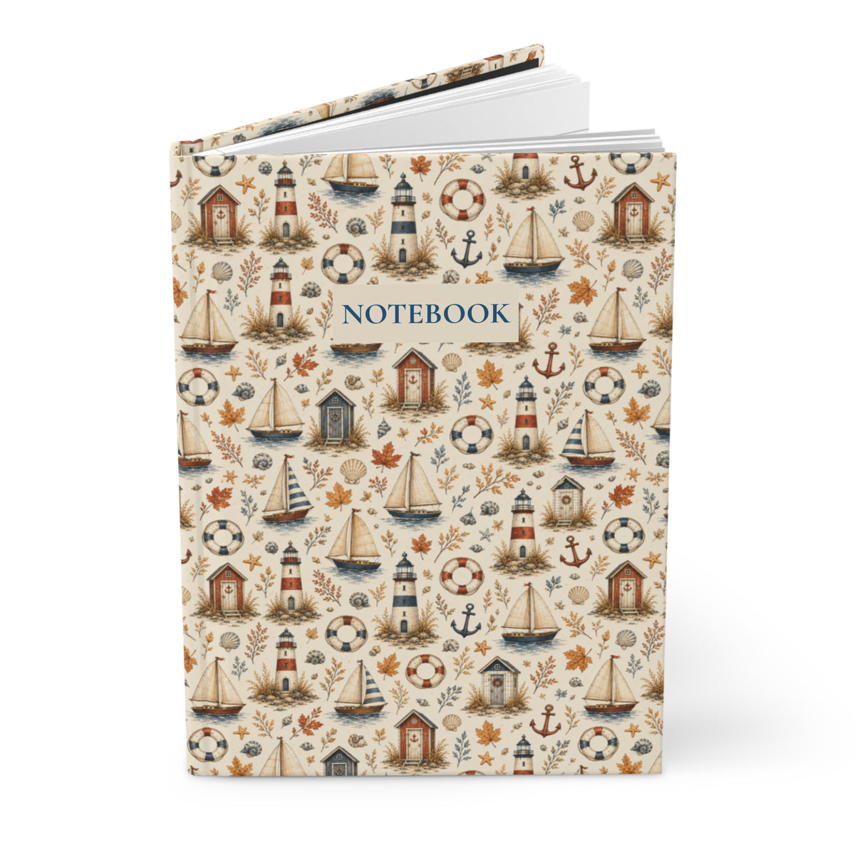 Autumn Coastal Hardcover Journal, Lined Nautical Notebook with Lighthouses and Sailboats