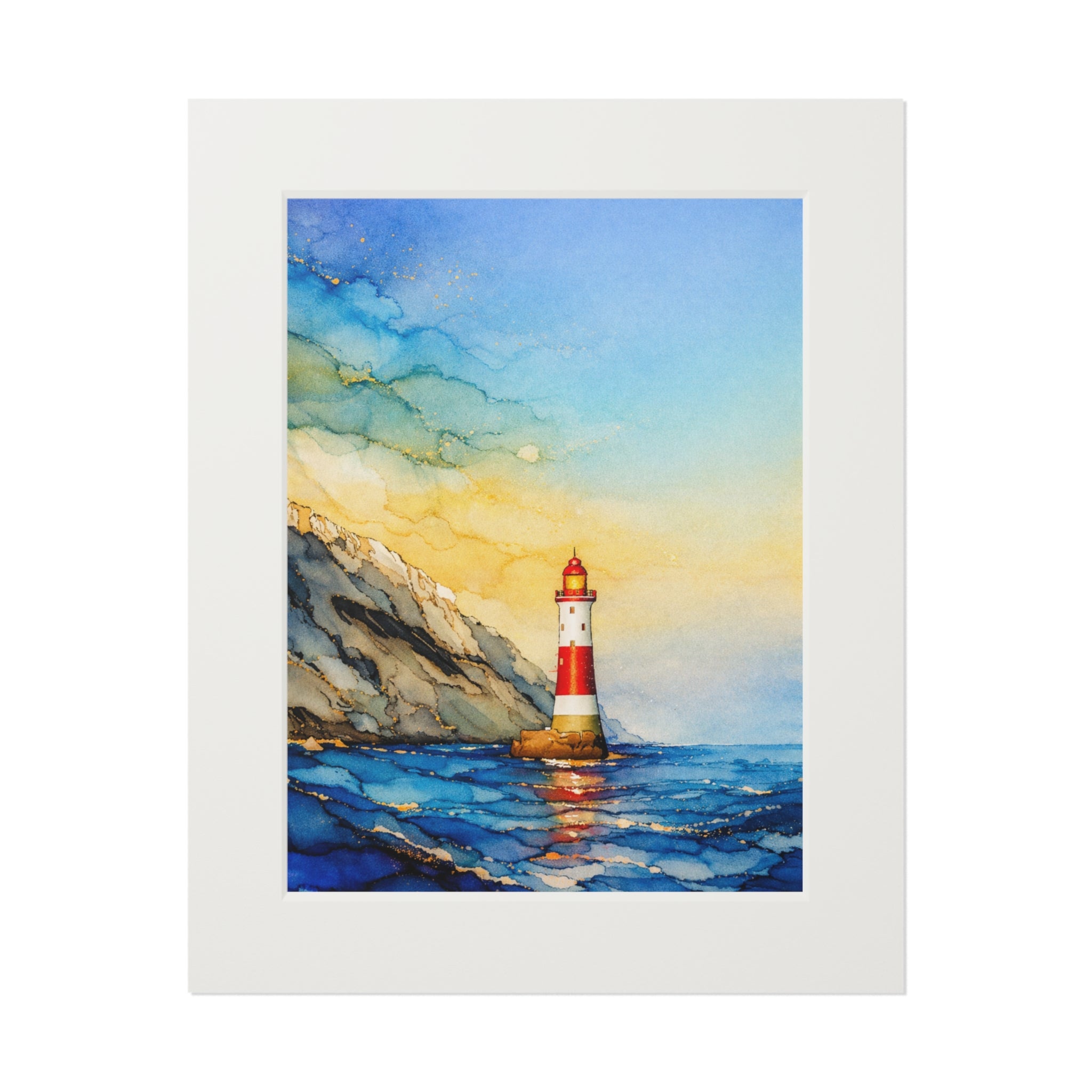 Lighthouse Seascape Alcohol Ink-Style Art Print with Passepartout Frame