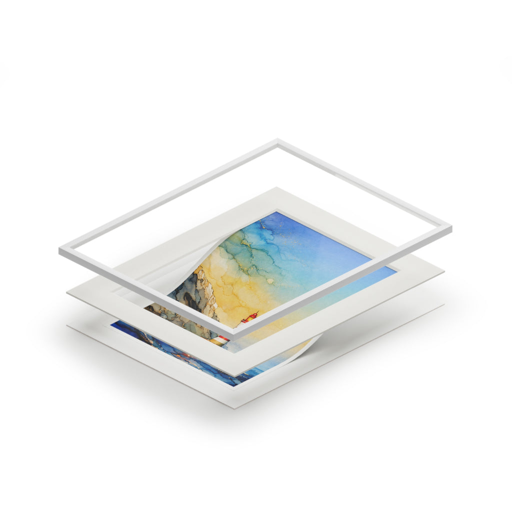 Lighthouse Seascape Alcohol Ink-Style Art Print with Passepartout Frame