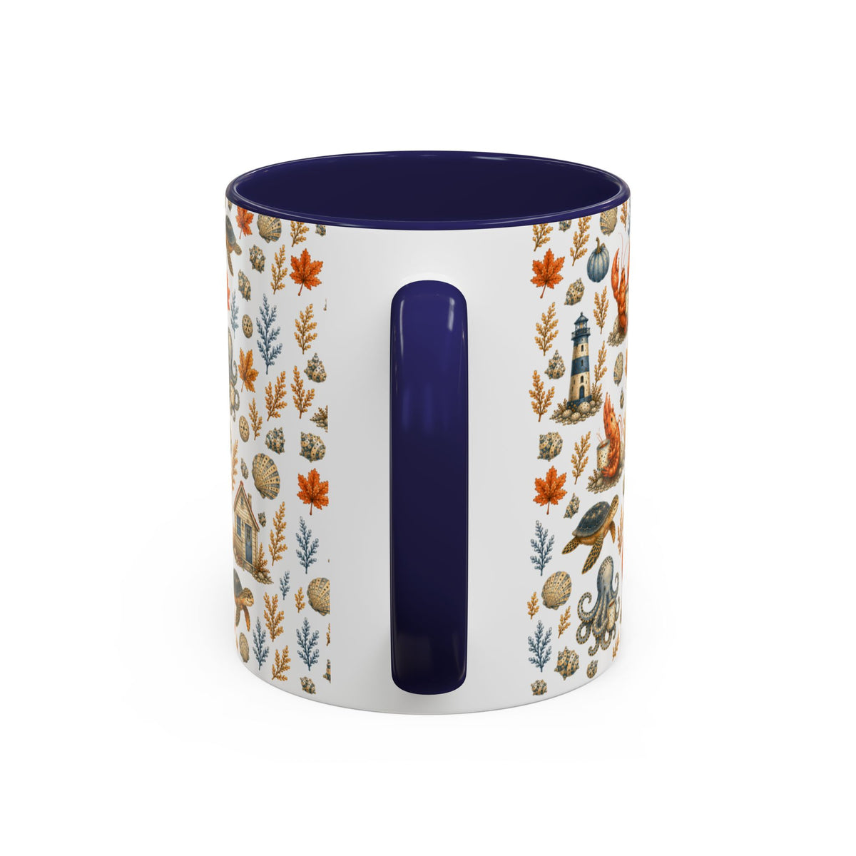 Autumn Coastal Pattern Coffee Mug, Fall Sea Creatures & Leaves (11/15oz)