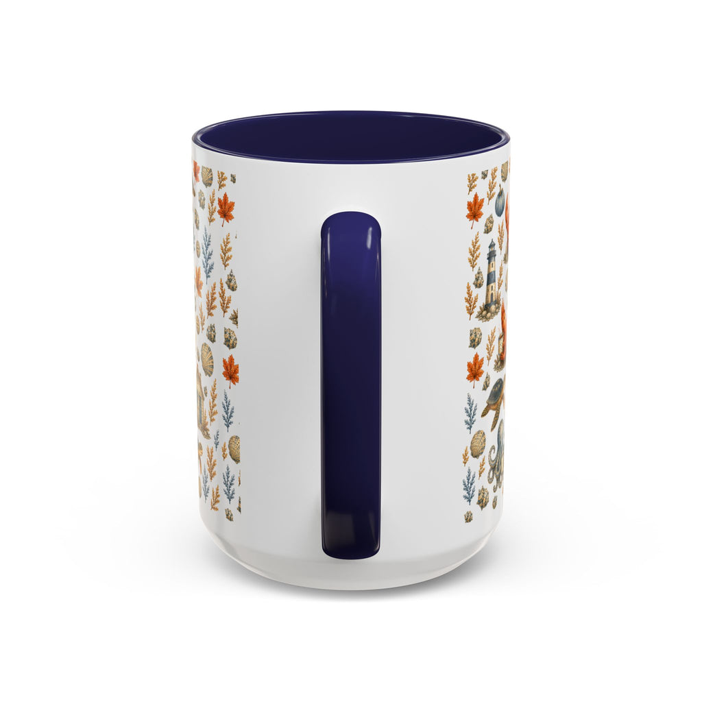 Autumn Coastal Pattern Coffee Mug, Fall Sea Creatures & Leaves (11/15oz)