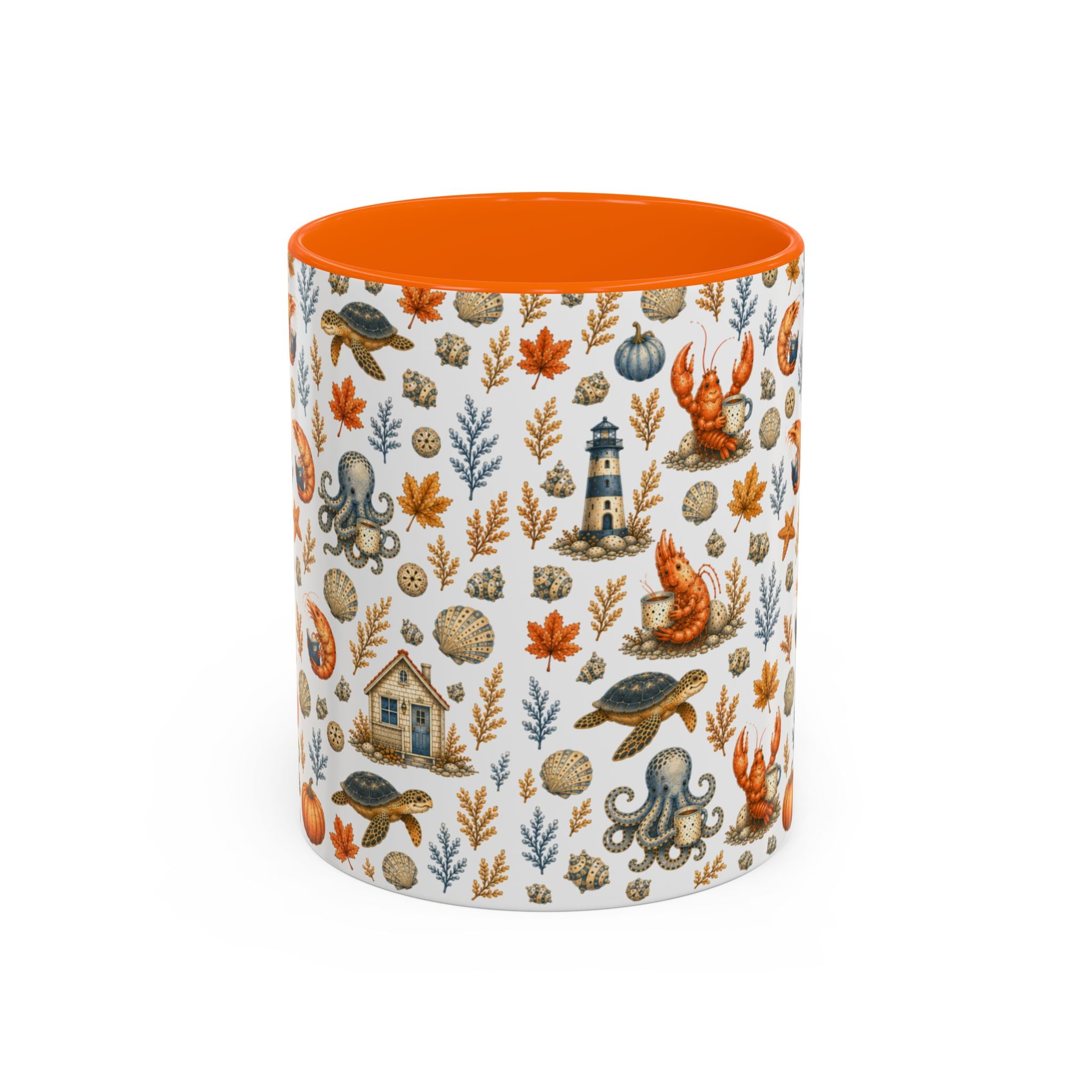 Autumn Coastal Pattern Coffee Mug, Fall Sea Creatures & Leaves (11/15oz)
