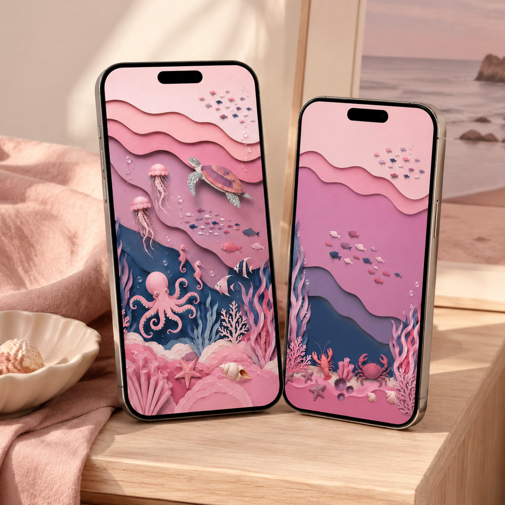 Pink Ocean Phone Wallpaper Set, Lock & Home Screens