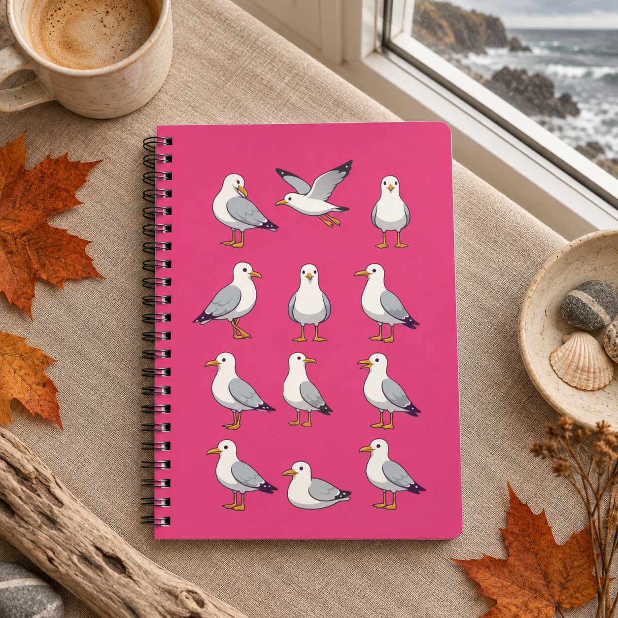 Seagull Pattern A5 Spiral Notebook — Pink