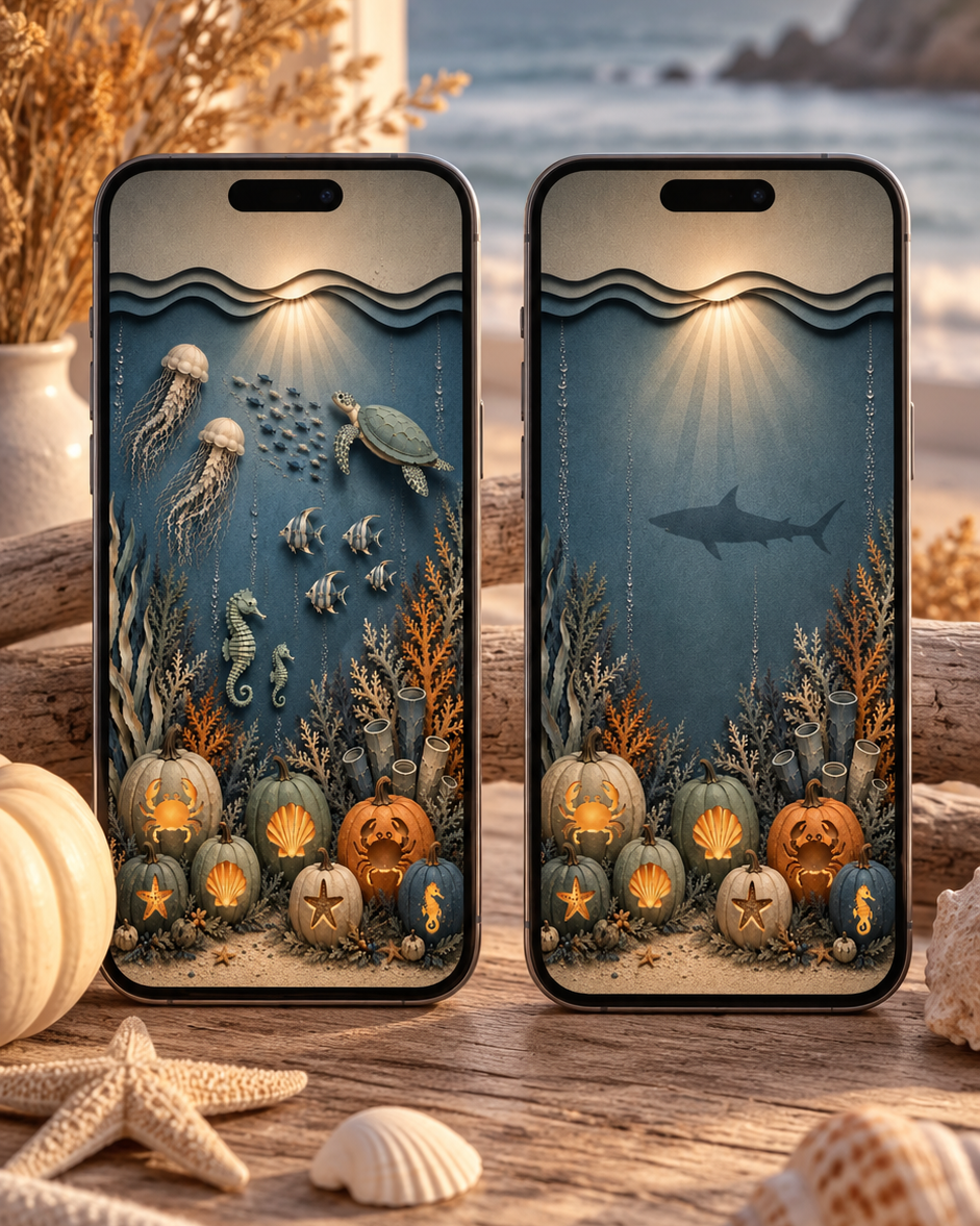 Coastal Halloween Phone Wallpaper Set, Spooky Pumpkin Lock & Home Screen Backgrounds