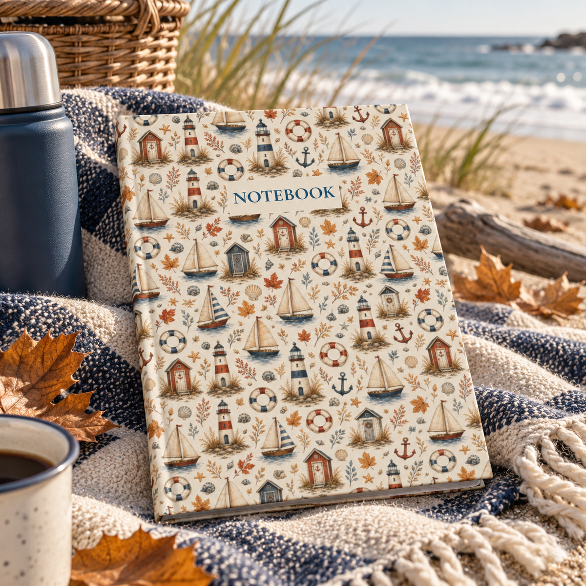Autumn Coastal Hardcover Journal, Lined Nautical Notebook with Lighthouses and Sailboats